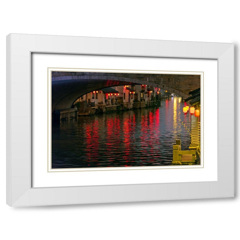 Night view of traditional house and stone bridge on the Grand Canal-Wuxi-Jiangsu Province-China White Modern Wood Framed Art Print with Double Matting by Su, Keren