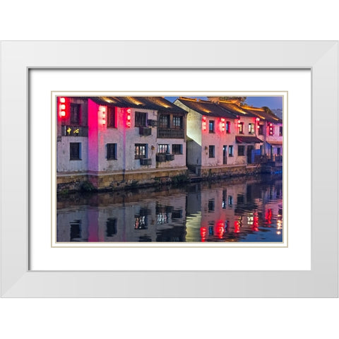 Night view of traditional houses along the Grand Canal-Wuxi-Jiangsu Province-China White Modern Wood Framed Art Print with Double Matting by Su, Keren
