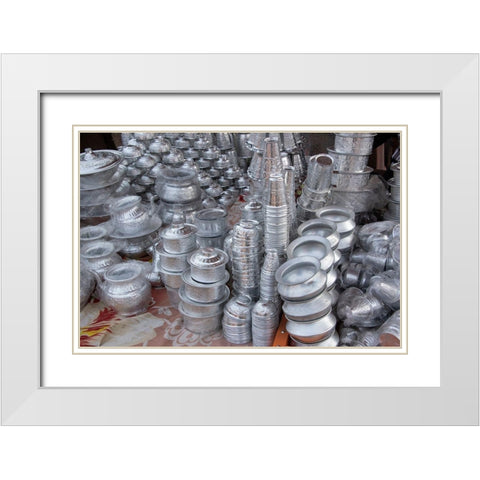 India-Delhi-Old Delhi Aluminum vendor-detail of goods for sale White Modern Wood Framed Art Print with Double Matting by Hopkins, Cindy Miller