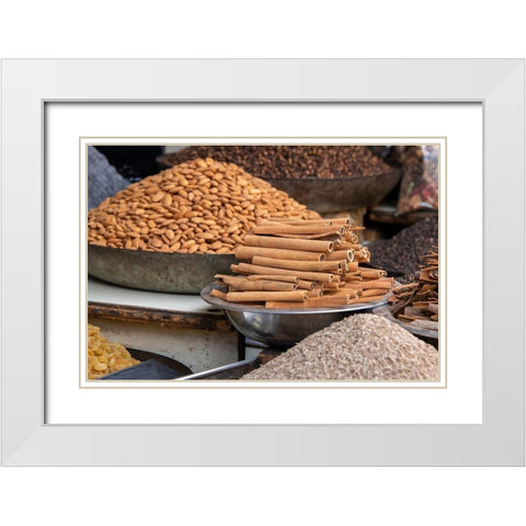 India-Delhi-Old Delhi Old Delhi street market Mixed nuts-spices and cinnamon sticks White Modern Wood Framed Art Print with Double Matting by Hopkins, Cindy Miller