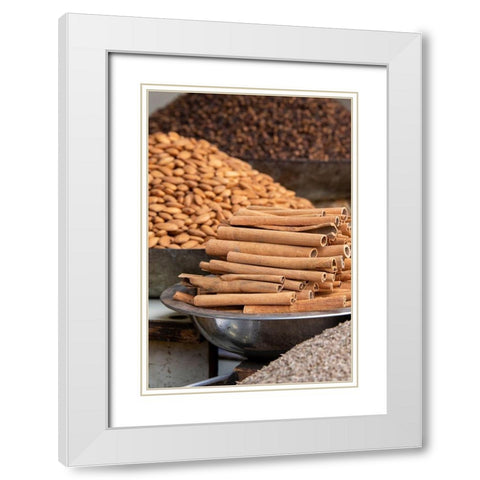 India-Delhi-Old Delhi Old Delhi street market Mixed nuts-spices and cinnamon sticks White Modern Wood Framed Art Print with Double Matting by Hopkins, Cindy Miller