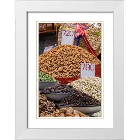 India-Delhi-Old Delhi Old Delhi street market Assorted nuts-spices and snacks White Modern Wood Framed Art Print with Double Matting by Hopkins, Cindy Miller