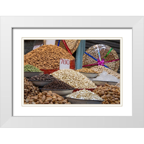 India-Delhi-Old Delhi Old Delhi street market Assorted nuts-spices and snacks White Modern Wood Framed Art Print with Double Matting by Hopkins, Cindy Miller