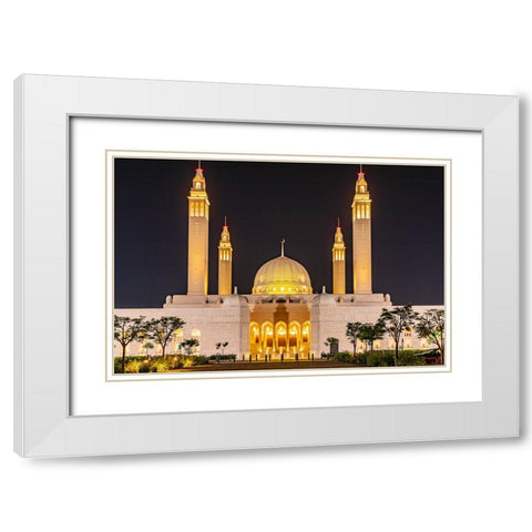 Middle East-Arabian Peninsula-Oman-Ad Dakhiliyah-Nizwa-Night view of the Sultan Qaboos Grand Mosque White Modern Wood Framed Art Print with Double Matting by Wilson, Emily M.