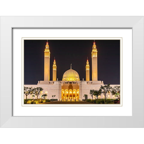 Middle East-Arabian Peninsula-Oman-Ad Dakhiliyah-Nizwa-Night view of the Sultan Qaboos Grand Mosque White Modern Wood Framed Art Print with Double Matting by Wilson, Emily M.