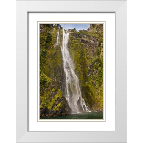 New Zealand Waterfall into Milford Sound White Modern Wood Framed Art Print with Double Matting by Illg, Cathy and Gordon