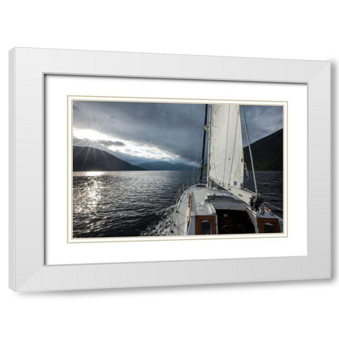 Canada-British Columbia-Gulf 32 pilothouse boat motoring and sailing north White Modern Wood Framed Art Print with Double Matting by Souders, Paul