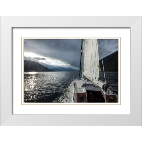 Canada-British Columbia-Gulf 32 pilothouse boat motoring and sailing north White Modern Wood Framed Art Print with Double Matting by Souders, Paul