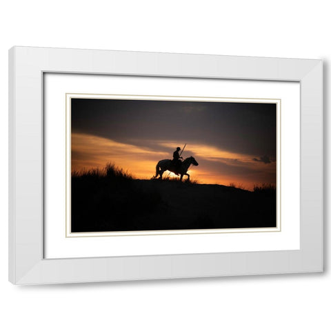 Europe-France-Provence-Camargue horse with rider at sunrise White Modern Wood Framed Art Print with Double Matting by Jaynes Gallery