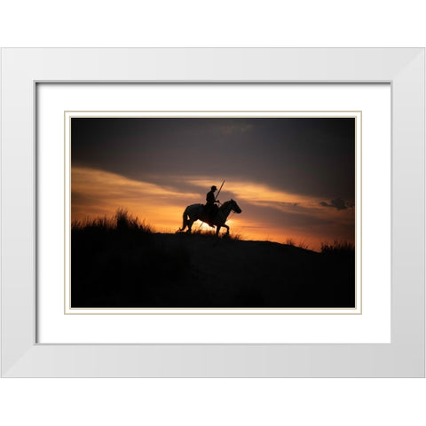 Europe-France-Provence-Camargue horse with rider at sunrise White Modern Wood Framed Art Print with Double Matting by Jaynes Gallery