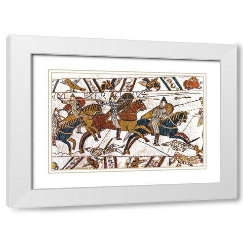 Colorful Medieval Bayeux tapestry- Bayeux- Normandy- France. White Modern Wood Framed Art Print with Double Matting by Perry, William