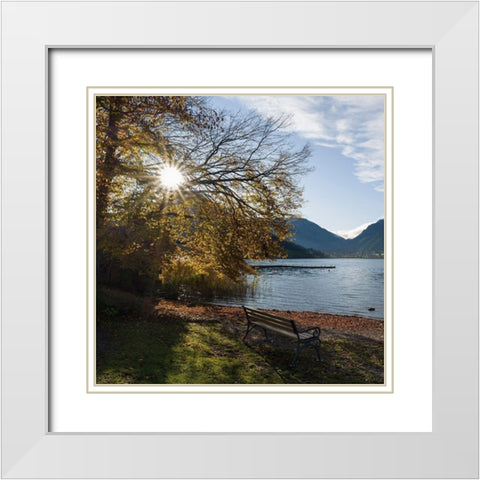 Sunrise at lake and village Schliersee in the Bavarian Alps during autumn-Bavaria-Germany White Modern Wood Framed Art Print with Double Matting by Zwick, Martin