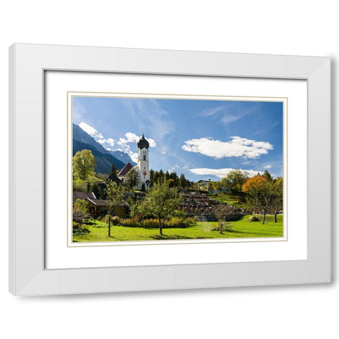 Church St-Johannes der Taufer-John the Baptist-Mount Zugspitze in the background-Village Grainau ne White Modern Wood Framed Art Print with Double Matting by Zwick, Martin