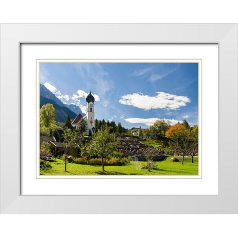 Church St-Johannes der Taufer-John the Baptist-Mount Zugspitze in the background-Village Grainau ne White Modern Wood Framed Art Print with Double Matting by Zwick, Martin