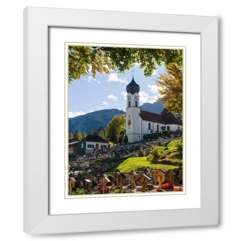 Church St-Johannes der Taufer-John the Baptist-Village Grainau near Garmisch-Partenkirchen and moun White Modern Wood Framed Art Print with Double Matting by Zwick, Martin
