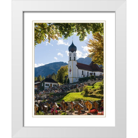 Church St-Johannes der Taufer-John the Baptist-Village Grainau near Garmisch-Partenkirchen and moun White Modern Wood Framed Art Print with Double Matting by Zwick, Martin