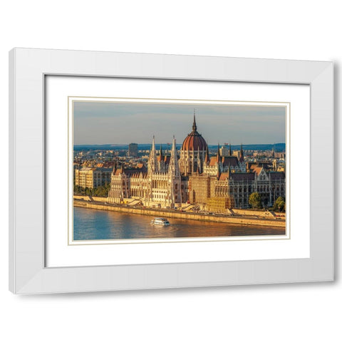 Tour boat passes Hungarys Parliament-built between 1884-1902 is the countrys largest building-It ha White Modern Wood Framed Art Print with Double Matting by Haseltine, Tom
