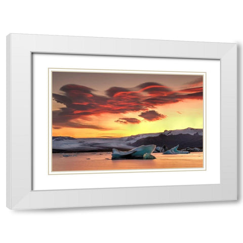 Icebergs from the Jokulsarlon glacier adrift in sunset in Jokulsarlon lagoon in Iceland White Modern Wood Framed Art Print with Double Matting by Steve Mohlenkamp