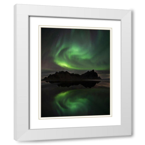 Northern Lights above Vestrahorn beach near Hofn in the southeast of Iceland White Modern Wood Framed Art Print with Double Matting by Steve Mohlenkamp