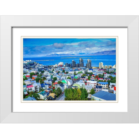 Colorful red green blue Houses Apartment Buildings Cars Bus Streets Ocean-Reykjavik-Iceland White Modern Wood Framed Art Print with Double Matting by Perry, William
