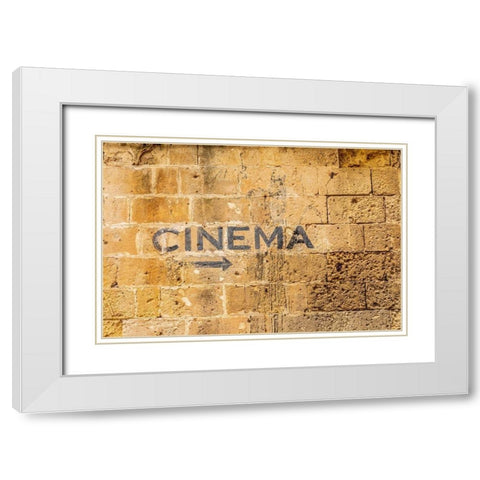 Italy-Basilicata-Province of Matera-Matera Sign on a wall pointing to a cinema-movie theater White Modern Wood Framed Art Print with Double Matting by Wilson, Emily