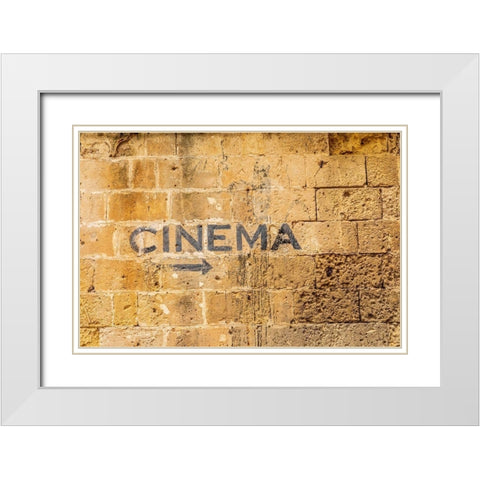 Italy-Basilicata-Province of Matera-Matera Sign on a wall pointing to a cinema-movie theater White Modern Wood Framed Art Print with Double Matting by Wilson, Emily