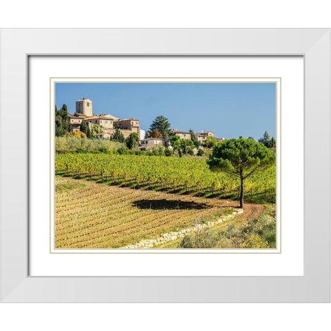 Italy-Chianti Tuscan homes in the town of Panzano with vineyard below White Modern Wood Framed Art Print with Double Matting by Eggers, Julie