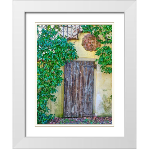 Italy-Chianti Old wooden door beneath a stairway with climbing vines and pottery art work White Modern Wood Framed Art Print with Double Matting by Eggers, Julie