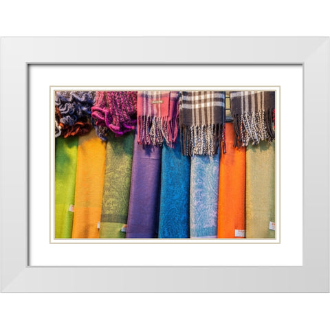 Italy-Venice Colorful scarfs on display and for sale along the streets of Venice White Modern Wood Framed Art Print with Double Matting by Eggers, Julie