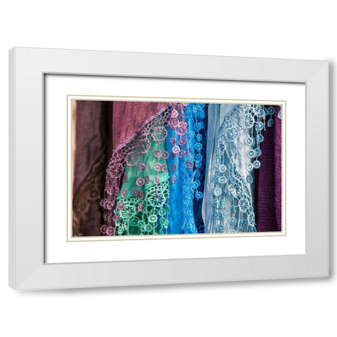 Italy-Venice Colorful Venetian scarfs White Modern Wood Framed Art Print with Double Matting by Eggers, Julie