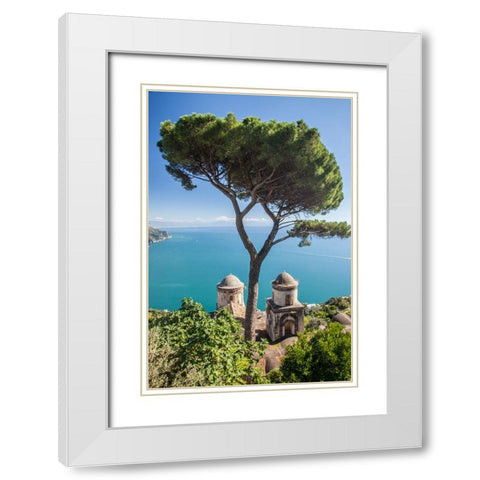 Italy-Campania-Ravello View of the Amalfi Coast and the towers of Villa Rufolo White Modern Wood Framed Art Print with Double Matting by Eggers, Julie