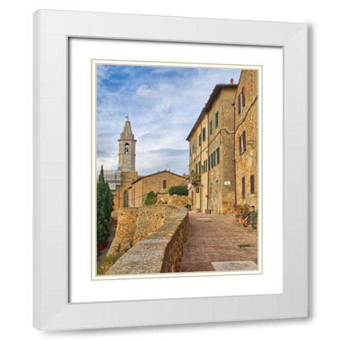 Italy-Tuscany-Pienza Walkway leading to the bell tower of the Pienza cathedral White Modern Wood Framed Art Print with Double Matting by Eggers, Julie
