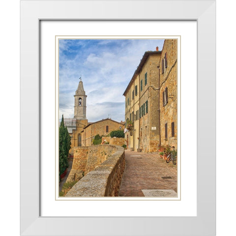 Italy-Tuscany-Pienza Walkway leading to the bell tower of the Pienza cathedral White Modern Wood Framed Art Print with Double Matting by Eggers, Julie