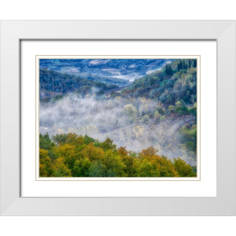 Italy-Tuscany Autumn morning with fog in the Tuscan valley White Modern Wood Framed Art Print with Double Matting by Eggers, Julie