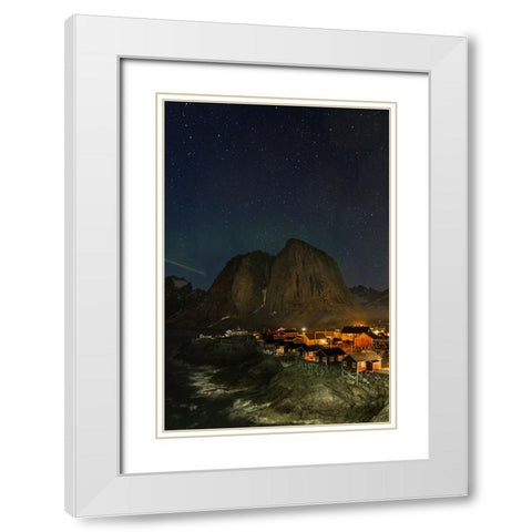 Norway- Lofoten Islands. Aurora Borealis In the sky above Hamnoy in Reine White Modern Wood Framed Art Print with Double Matting by Looney, Hollice
