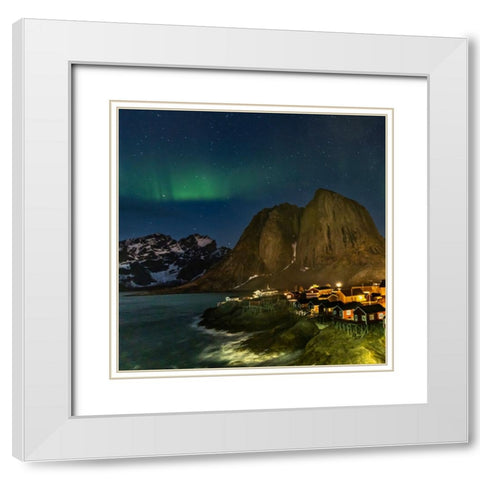 Norway- Lofoten Islands. Aurora Borealis In the sky above Hamnoy in Reine White Modern Wood Framed Art Print with Double Matting by Looney, Hollice