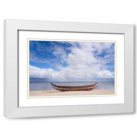Europe-Portugal-Torreira-Traditional fishing boat on beach White Modern Wood Framed Art Print with Double Matting by Jaynes Gallery