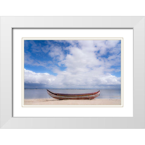 Europe-Portugal-Torreira-Traditional fishing boat on beach White Modern Wood Framed Art Print with Double Matting by Jaynes Gallery