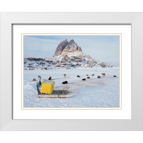 Team of sled dog during winter in Uummannaq in Greenland White Modern Wood Framed Art Print with Double Matting by Zwick, Martin