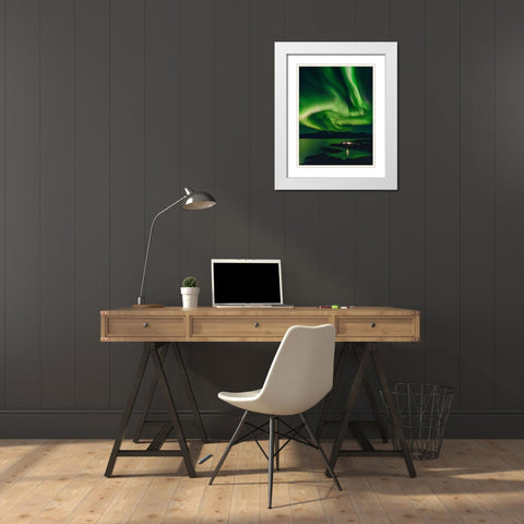 Northern Lights over settlement Kuummiit. Ammassalik area in East Greenland- Danish Territory White Modern Wood Framed Art Print with Double Matting by Zwick, Martin