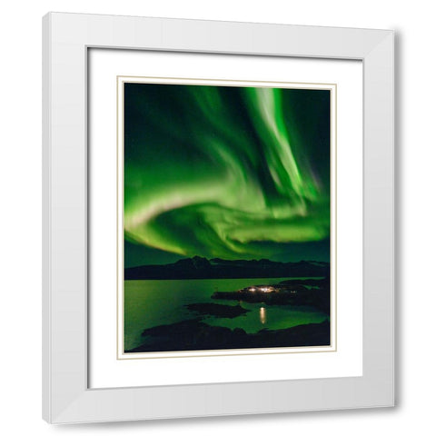 Northern Lights over settlement Kuummiit. Ammassalik area in East Greenland- Danish Territory White Modern Wood Framed Art Print with Double Matting by Zwick, Martin