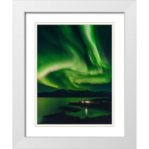 Northern Lights over settlement Kuummiit. Ammassalik area in East Greenland- Danish Territory White Modern Wood Framed Art Print with Double Matting by Zwick, Martin