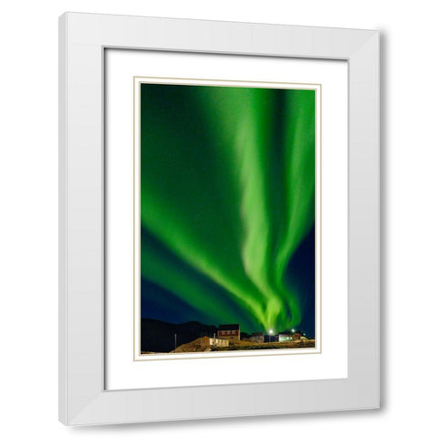 Northern Lights over settlement Kuummiit. Ammassalik area in East Greenland- Danish Territory White Modern Wood Framed Art Print with Double Matting by Zwick, Martin