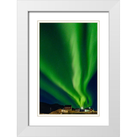 Northern Lights over settlement Kuummiit. Ammassalik area in East Greenland- Danish Territory White Modern Wood Framed Art Print with Double Matting by Zwick, Martin