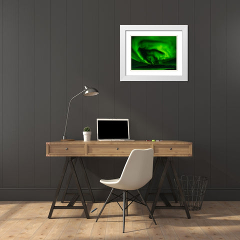 Northern lights over Angmagssalik Fjord-Greenland- Danish Territory White Modern Wood Framed Art Print with Double Matting by Zwick, Martin