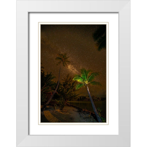 French Polynesia- Tahaa. Palm trees and night sky with Milky Way. White Modern Wood Framed Art Print with Double Matting by Jaynes Gallery