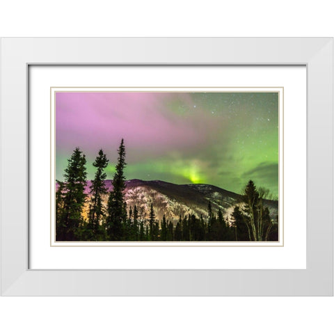 Alaska-Fairbanks Aurora borealis over mountain landscape White Modern Wood Framed Art Print with Double Matting by Jaynes Gallery