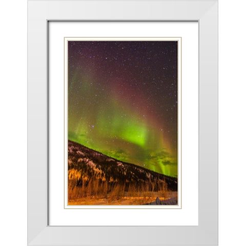 Alaska-Fairbanks Aurora borealis over mountain landscape White Modern Wood Framed Art Print with Double Matting by Jaynes Gallery