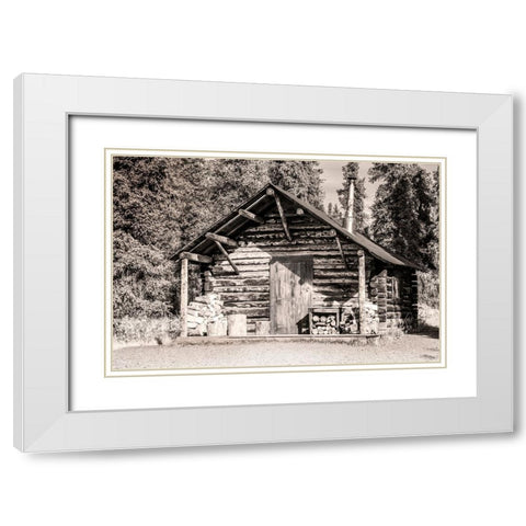 Small- rustic log home in sepia. White Modern Wood Framed Art Print with Double Matting by Muir, Janet