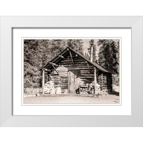 Small- rustic log home in sepia. White Modern Wood Framed Art Print with Double Matting by Muir, Janet